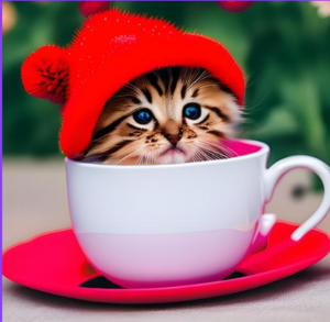 コップの中で赤い帽子を被っている子猫